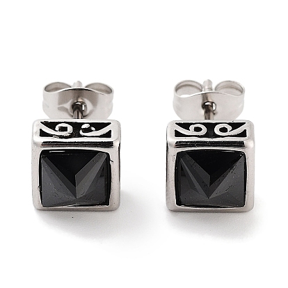 Square 316 Surgical Stainless Steel Pave Black Cubic Zirconia Stud Earrings for Women Men