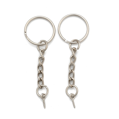 Iron Split Key Rings, with Chains and Peg Bails, Keychain Clasp Findings, Inner Diameter: 20mm, 60x2.5mm