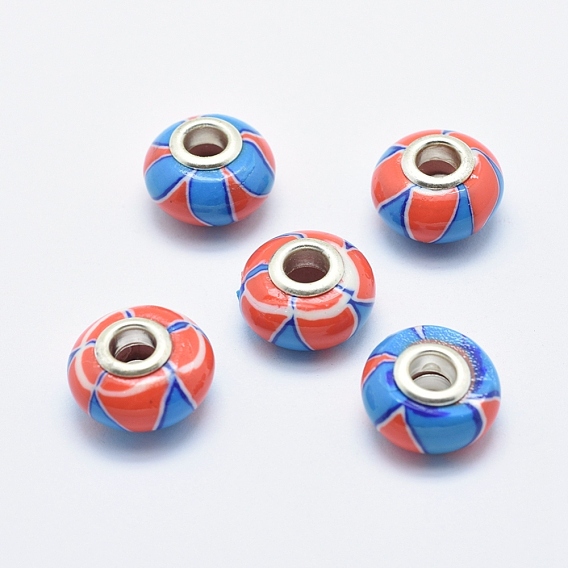Handmade Polymer Clay European Beads, with Silver Color Plated Brass Cores, Large Hole Beads, Rondelle with Flower Pattern