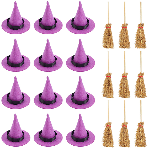 12 шт. мини-шляпы ведьмы из полиэстера, с 12 шт. деревянная мини-метла ведьмы метла соломенная метла