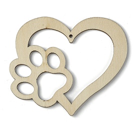 Wood Big Pendants, Heart with Paw Print Charms
