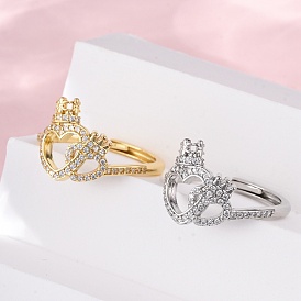 Регулируемые кольца для женщин с микропаве из латуни и кубическими цирконами, сердце с короной
