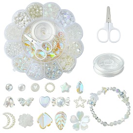 DIY Acrylic Flower Beaded Stretch Bracelet with Leaf Charms Making Kits, with Scissors
