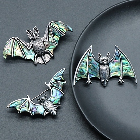 Halloween Bat Alloy Pave Natural Paua Shell Brooch, Platinum