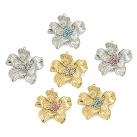 304 Stainless Steel Pendants, with Rhinestone, Flower Charm