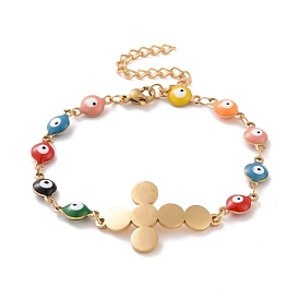 Vacuum Plating 304 Stainless Steel Cross Link Bracelet with Colorful Enamel Evil Eye Chains for Women