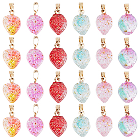 48Pcs 6 Colors Two Tone Transparent Spray Painted Glass Pendants, with Golden Plated Iron Bails and Gold Foil, Strawberry