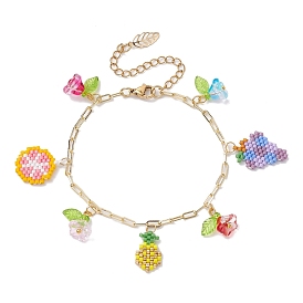 Bracelets à breloques graines de verre fruits et fleurs, avec des chaînes de trombones en laiton doré