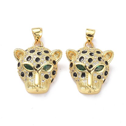 Brass Micro Pave Cubic Zirconia Pendants, with Enamel, Long-Lasting Plated, Leopard Head
