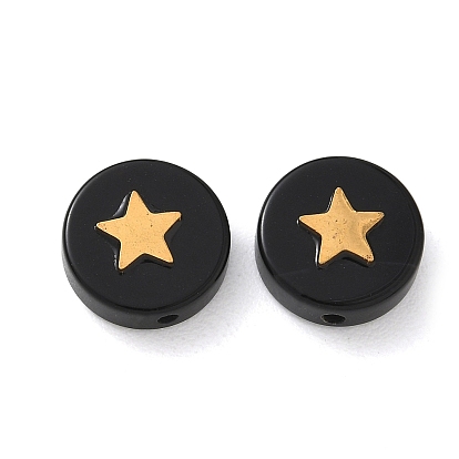 Cuentas de obsidiana naturales, Redonda plana con estrella de acero inoxidable, dorado