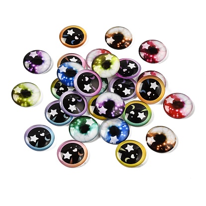 Printed Transparent Glass Cabochons, Half Round with Eye Star Moon Heart Pattern