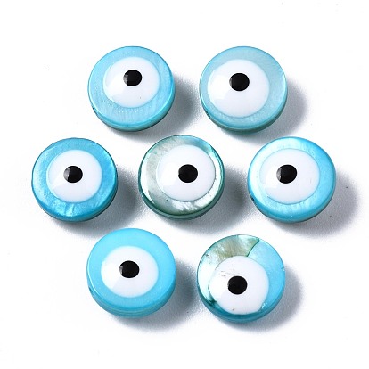 Freshwater Shell Beads, with Enamel, Dyed, Flat Round with Evil Eye