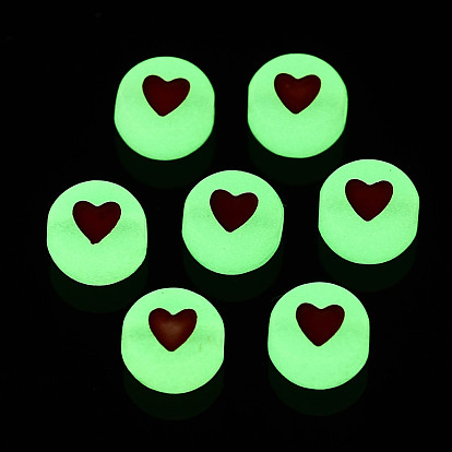 Luminous Acrylic Beads, Glow in the Dark, Flat Round with Heart