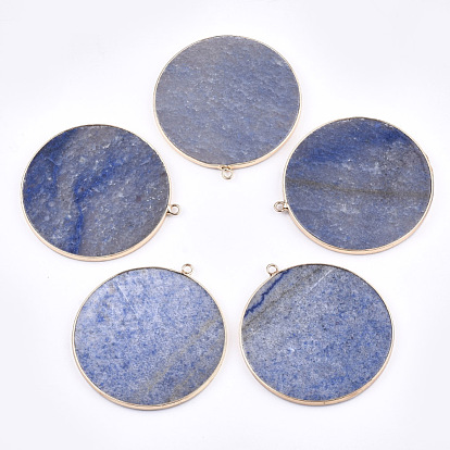 Natural Gemstone Big Pendants, with Brass Findings, Flat Round, Golden