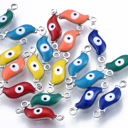 304 Stainless Steel Enamel Connector Charms, Stainless Steel Color, Leaf with Evil Eye