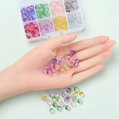 176Pcs 8 Colors Frosted Spray Painted Glass Beads, with Golden Foil, Round