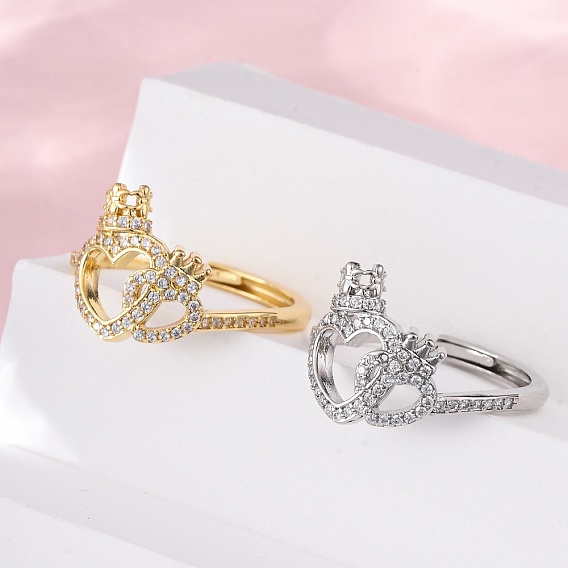 Регулируемые кольца для женщин с микропаве из латуни и кубическими цирконами, сердце с короной