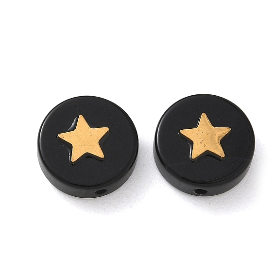 Des billes d'obsidienne naturelles, rond plat avec étoile en acier inoxydable, or