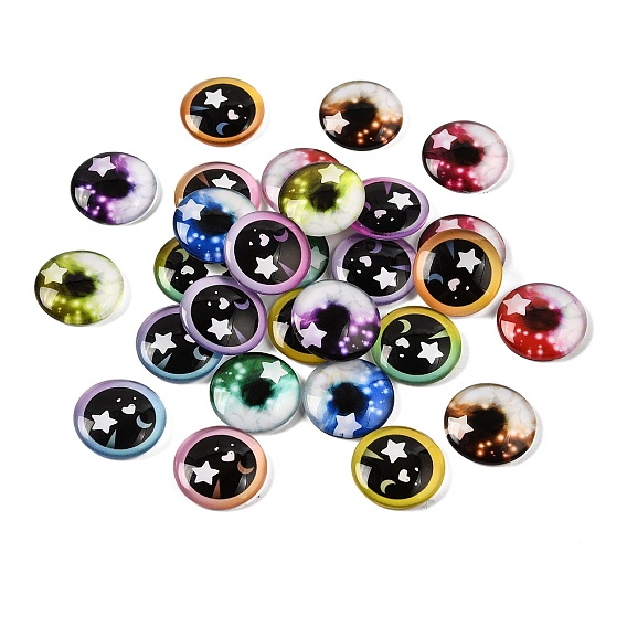 Cabujones de vidrio transparente impresos, Medio redondo con ojo estrella luna patrón de corazón