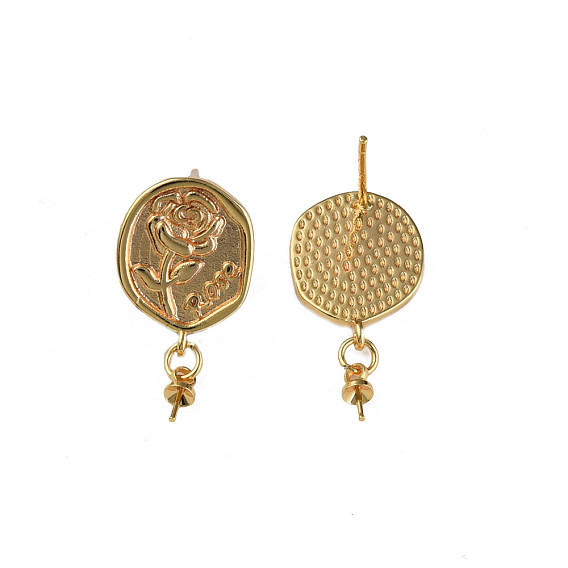 Brass Stud Earring Findings, with 925 Sterling Silver Pins, for Half Drilled Bead, Nickel Free, Twist Oval with Flower and Word Rose
