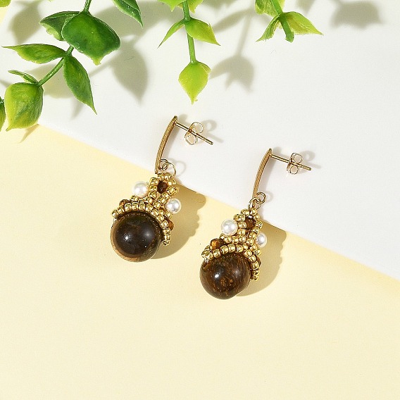 Natural Tiger Eye Dangle Earrings for Women, Crown, 304 Stainless Steel Stud Earrings
