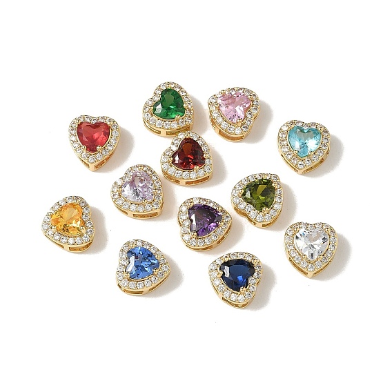 Латунные микро проложить кубического циркония бусы, сердце, стойки покрытие, долговечный, без кадмия и без свинца, реальный 18 k позолоченный