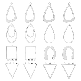 16pcs 8 style 304 composants de lustre en acier inoxydable liens et 2-pendentifs à maillons en boucle, fer à cheval et carré et larme et triangle