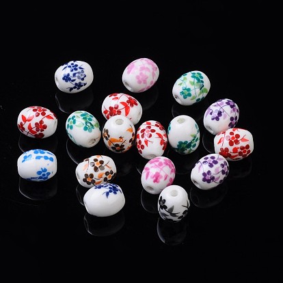 Floral Printed Porcelain Beads, Flower Patterned Ceramic Beads, Oval, 12x10x10mm, Hole: 2mm