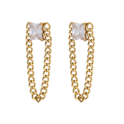 Квадратные 304 серьги-подвески из нержавеющей стали с прозрачными кубическими циркониями, с бордюра цепи, долговечный, реальный 18 k позолоченный, ионное покрытие (ip)