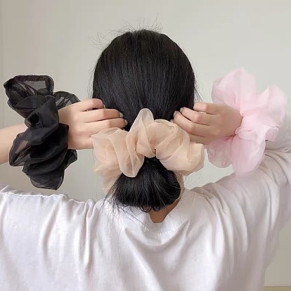 Chic Oversized Organza Hair Scrunchie for Girls, Sweet and Elegant French Style Headband with Fairy Mesh Bow Tie