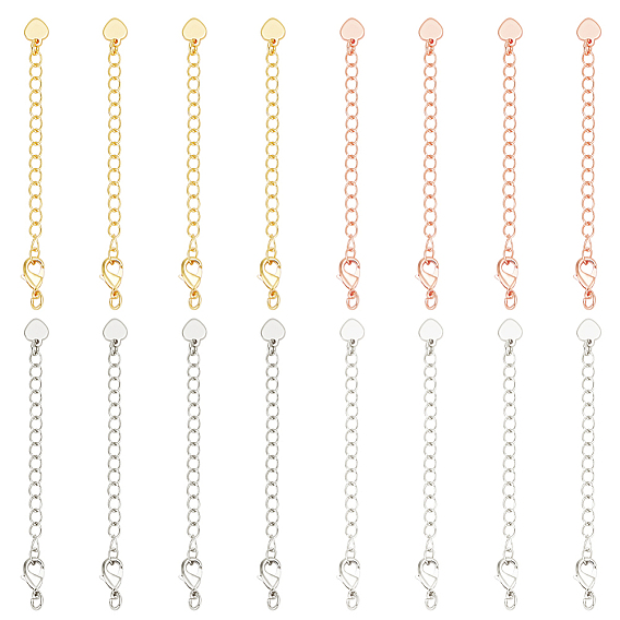 16шт. 4 цвета латунные удлинители цепи пандуса, концевые цепочки с петлей в форме сердца и застежкой-карабином