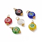 Handmade Millefiori Glass Pendants, with Golden Plated Brass Ball Head pins and Alloy Spacer Beads, Flat Round