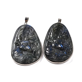 Natural Labradorite Carved Deer Big Pendants, Egg Shaped Charms with Platinum Plated Rack Plating Brass Snap on Bails