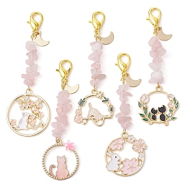 Easter Theme Rabbit & Cat Alloy Enamel Pendant Decoration, with Rose Quartz Chip and 316L Surgical Stainless Steel Clasp