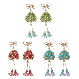 3 Pairs Christmas Bell Brass Glass Dangle Stud Earrings, with Glass Pearl Beads and Cubic Zirconia, Golden