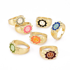 Alloy Enamel Wide Band Rings, Cadmium Free & Lead Free, Light Gold, Textured, Flower with Smiling Face