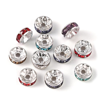 Rhinestone Spacer Beads, Iron with Acrylic Rhinestone, Rondelle, Silver Color Plated, 8x3.8mm, Hole: 2mm, about 100pcs/bag