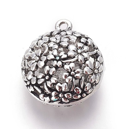 Tibetan Style Alloy Pendants, Hollow, Flat Round with Flower
