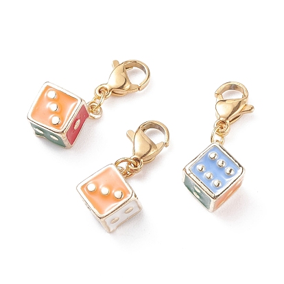 Alloy Enamel Dice Pendant Decoration, with 304 Stainless Steel Lobster Claw Clasps, Cube