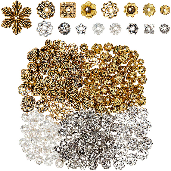 320Pcs 16 Styles Tibetan Style Alloy 4-Petal Bead Caps, Cadmium Free & Lead Free