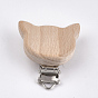 Beech Wood Kitten Baby Pacifier Holder Clips, with Iron Clips, Cat Head, Platinum