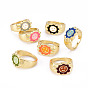 Alloy Enamel Wide Band Rings, Cadmium Free & Lead Free, Light Gold, Textured, Flower with Smiling Face