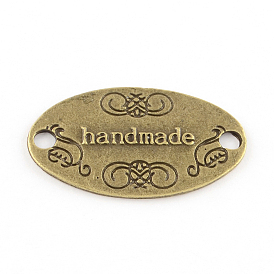 Tibetan Style Alloy Links, Lead Free, Oval with Word handmade, 31x18x1.5mm, Hole: 3mm, about 325pcs/1000g