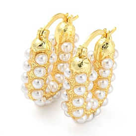 Rack Plating Brass Oval Hoop Earrings with Plastic Pearl Beaded, Lead Free & Cadmium Free