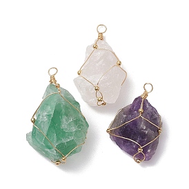 3Pcs Natural Rose Quartz & Amethyst & Fluorite Big Pendants Sets, Nuggets Charms with Copper Wire Wrappeds, Light Gold