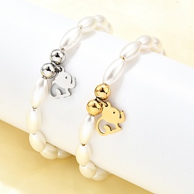 304 Браслеты из нержавеющей стали с подвесками в виде слона для женщин, с пластиковыми бусинами из искусственного жемчуга
