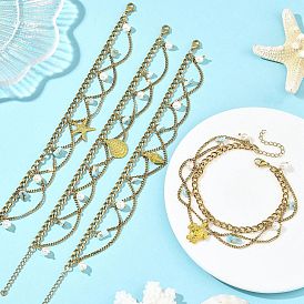 Bracelets de cheville d'été en alliage avec breloques animaux marins, 304 Bracelets de cheville à pompon en chaîne d'acier inoxydable avec éclat de larimar naturel, or