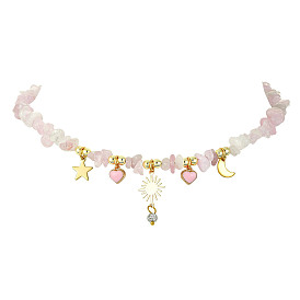 Alloy Enamel & 304 Stainless Steel & Brass Bib Necklace with Natural Rose Quartz Chip Beaded Chains, Star & Sun & Heart & Moon