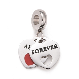 304 Stainless Steel European Dangle Charms, Large Hole Pendants, with Black & Red Enamel, Heart with Word Forever