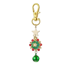 Christmas Wreath Glass Seed Pendant Decorations with Bell, Alloy Swivel Clasp Charm for Bag Key Ornaments